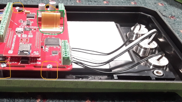 <p>Take the PCB TOFT-ELEC-P1050.Install 4 brass standoffs in the designated locations.
Mount the PCB onto the standoffs and connect the yellow display (highlighted in green).
Secure PCB with M3 x 6 socket button screws  (SS). Apply threadlocker to screws and tighten them securely.</p>
