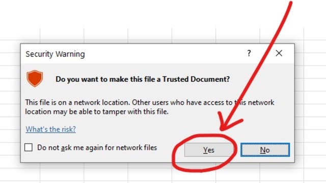<p>Click "do not ask me again for network files" to tick box then click Yes</p>