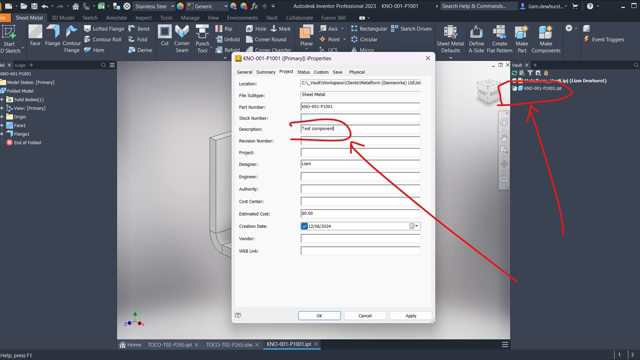 <p>File name</p>
<p>Once you've saved you can now see the file name in the vault tab, and add a description in iProperties.</p>
<p>Always check in a part straight after making it.</p>