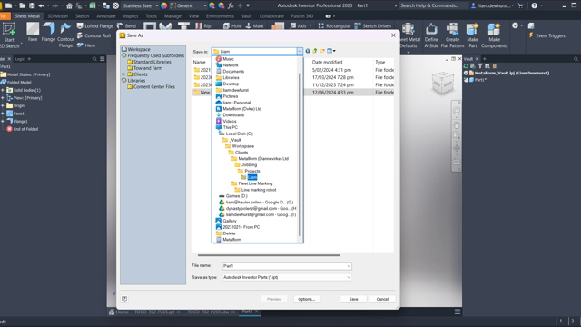 <p>Save part</p>
<p>Save the part like normal. And create a folder if you need a new one.</p>
<p>Exception: if you are editing a part for an existing client, "get" the folder first. (step 5)
Duplicate names: if you pick existing names, vault tells you (step 4)</p>
