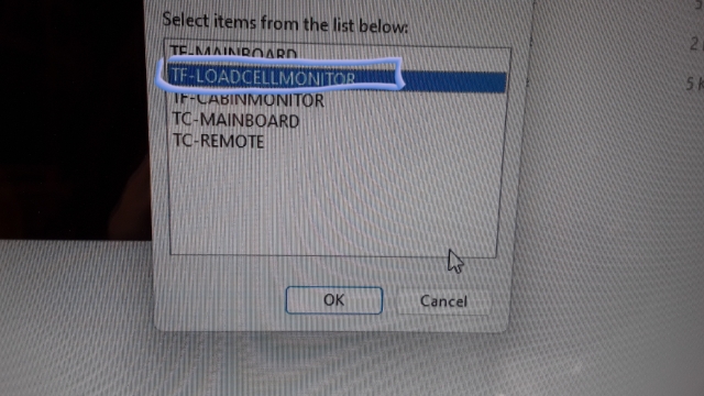<p>For example, to flash the microcontroller for a Load Cell Monitor, select the option</p>
<p>TF-LOADCELLMONITOR and click OK.</p>