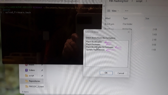 <p>As shown in the photo, you can choose from different Flashing options.</p>
<ul>
<li><strong>(first time full install)</strong> "Flash Bootloader & Flash Firmware" to upload both at once.</li>
<li><strong>(first time install, for one at a time)</strong> "Flash Bootloader" to upload the mcu boot manager (only necessary on first install).</li>
<li><strong>(updates)</strong> "Flash Firmware" to upload the product software.</li>
<li><strong>(download latest updates to PC)</strong> "Update Repositories" to download the latest firmware versions.</li>
</ul>