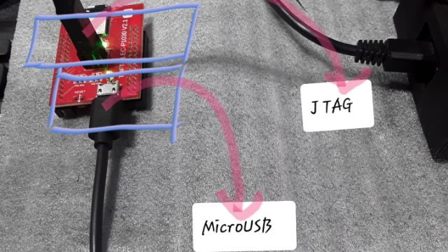 <p>Connect J-TAG to the T&F microcontroller. <strong>(IMPORTANT!!)</strong> The J-TAG is designed to fit in only one orientation, <strong>squeeze the clips together</strong> to secure the connection.</p>
<p>Connect the Micro USB cable.</p>