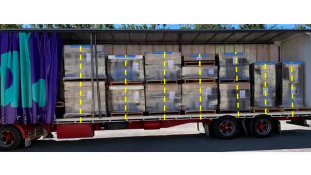<blockquote><p><strong>Load Restraint (Configuration 1)</strong>:</p></blockquote><ul><li><p>Place one (1) webbing restraint on each pallet row.</p></li></ul><p></p>