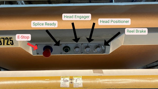 <p>The following buttons are located overhead and are used at the stage of the process - the reel speed is used to control the unravelling as seen in Step 12 and the other buttons will be used later in the process.</p>