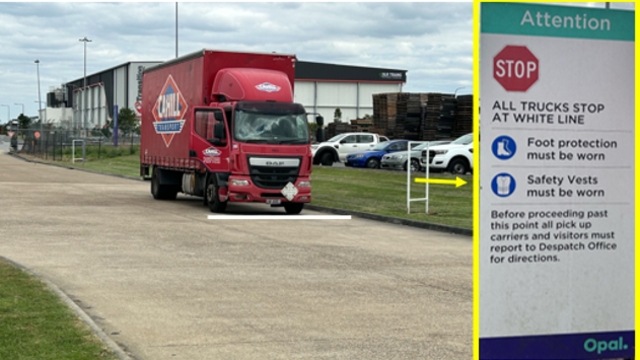<p>All trucks MUST stop at the white line on the left-hand side of the driveway. Once safely parked, the driver is to follow the designated footpath to the despatch office for further direction.</p>
