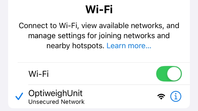 <p>Go to wifi settings and connect to “OptiweighUnit”</p>
