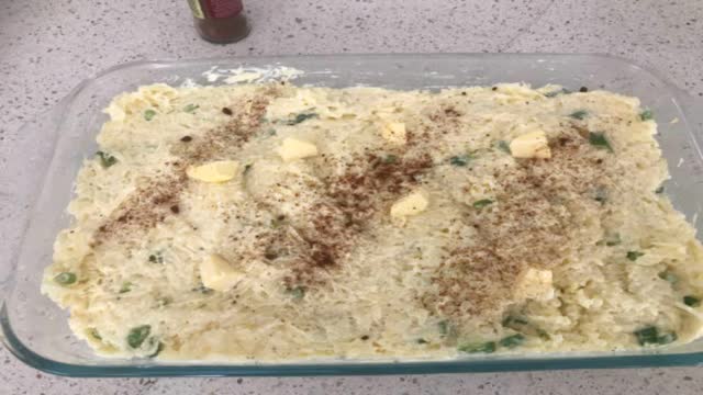 <p>Turn into a greased 2 quart casserole dish. Dot with 2 Tbl of butter and sprinkle with paprika.</p>
<p>Tip: This recipe freezes well so make a double batch and pop one lot in the freezer at this stage for another dinner.</p>