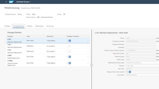 <p>The related packages of work have elements which can trigger a Work Order, a Notification or a Reservation for materials....at any time. Alternatively, we can have this Schedule Group (Maintenance Plan) not create a real Work Order at all.</p>