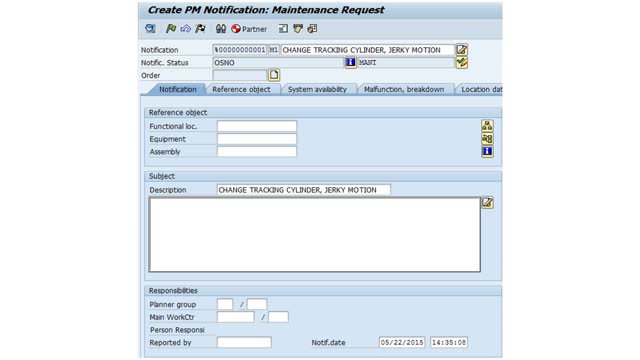 <p>This will open Create:</p>
<ul>
<li>IW24 – Create PM Notification: Malfunction Report for breakdown requests</li>
<li>IW25 – Create PM Notification: Activity Report for repairs/changes made during a PM</li>
<li>IW26 – Create PM Notification: Maintenance Request for other requests.</li>
</ul>