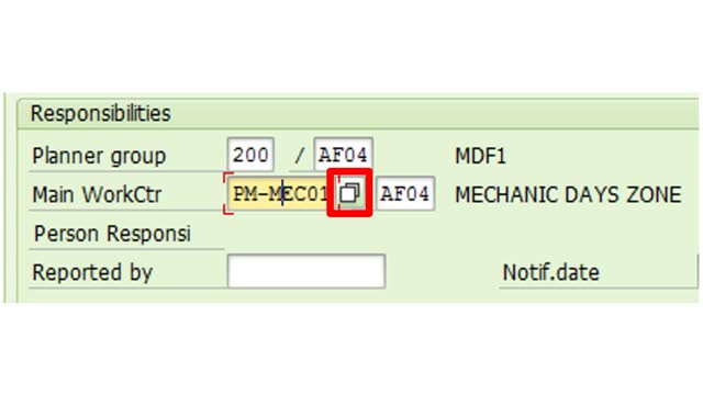 <p>The selected Functional Location or Equipment will auto-fill related fields. Adjust the Equipment, Planner Group, and Main Work Center as needed. Consider the notification nature and choose the appropriate Main Work Center (e.g., Electrical, Mechanical). Use Match-Lookup for available options at your plant.</p>