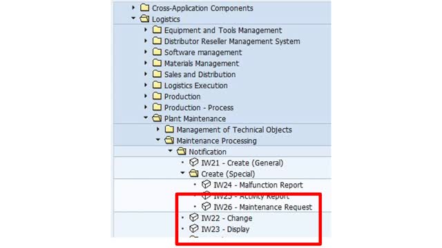 <p>Select the right notification transaction based on the work request:</p>
<ul>
<li>IW24: Report a Breakdown (stoppage in Production)</li>
<li>IW25: Report a repair/adjustment to equipment or Functional Location after a Preventative/Predictive activity</li>
<li>IW26: Request a repair, adjustment, modification or addition to a piece of equipment or process.</li>
</ul>