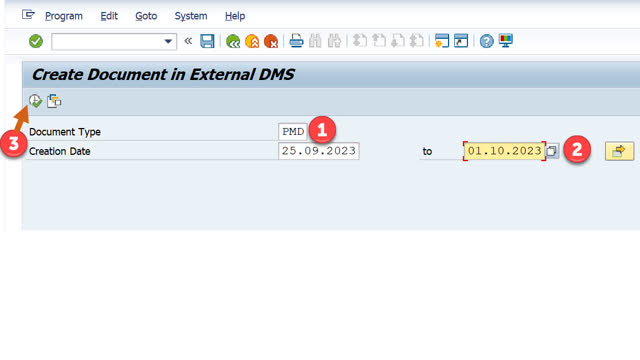 <p>Follow this step and the following step when executing this transaction in the foreground as a once off process.</p>
<ol>
<li>Enter document type</li>
<li>Creation date range</li>
<li>Execute</li>
</ol>