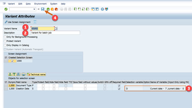 <ol>
<li>Provide a name for the variant.</li>
<li>Enter a description.</li>
<li>Make the 'Creation Date' field a dynamically calculated date range. (Appropriate range to be determined by the user).</li>
<li>Save the variant.</li>
</ol>