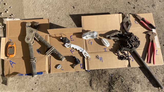 <p>Names of tools
A- fence tester
B-gripple strainers
C- gripple
D- steel dropper insulator
E- wooden post insulator
F - electric fence handle
G- insulated end strainer
H- staples
I- end insulator
J- wire strainers
K- bull nose pliers
L parrot nose pliers</p>