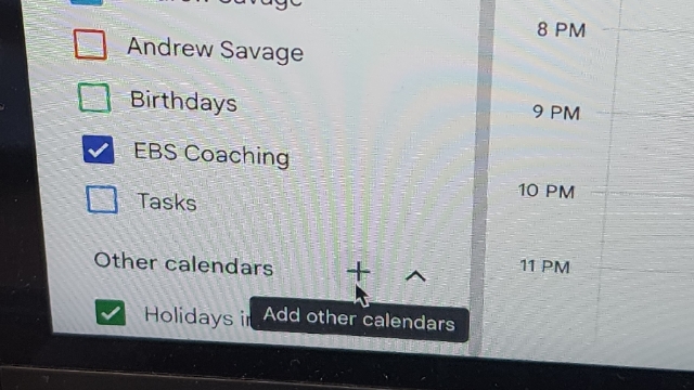 <p>In your EBS google calander profile, click 'Other Calendars'</p>
