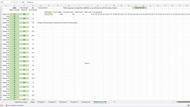 <p>There is also a Sequenced areas tab to help work out clip centres for areas that have multiple battens in a sequence. There is an example already in the tab that you can delete (only edit the green areas) to show you how it would look. In this case there is 5 repeating battens.</p>
