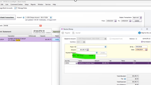 <p>Record as a receive money in MYOB (2-8832 Salesforce-Customer Deposits)
• Change the Memo note to what is on the spreadsheet.
• In the Acct No, select the 2-8832 account</p>