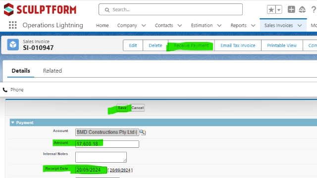 <p>• Apply payment in SO first as per Step 7.</p>
<p>• Open INV from SO > click receive payment.</p>
<p>• Check the amount we have received and change if needed, also change the receipt date and click save.</p>
<p>• In MYOB – Records as a receive payment – Choose Customer – apply payment.</p>
