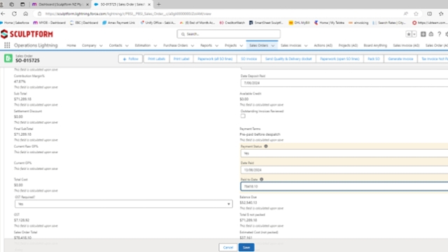 <p>Match the balance due and payment received then apply the payment.
• If payment is fully received change Payment status to YES.
• Put payment date
• Add paid figure to paid to date figure that is already paid. E.g. (25,877.97+52,540.13)
• Click Save
In MYOB follow Step 5.</p>