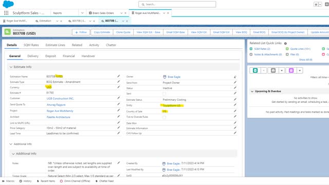 <p>These are the fields on the details page set up of the USD BOQ. The revision of the quote is the same, we just need to note (USD) after the estimation name. Also check that the delivery details are correct & we've chosen the delivered to site option</p>