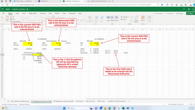 <p>If the international pricing has been discounted, we split the discount between both the US for example & AU entities. Go to the relevant "Splitting the discounts" tab. Once the final AUD number has been calculated (L12) we can put this into the Sculptform Global pricing tab (B4)</p>