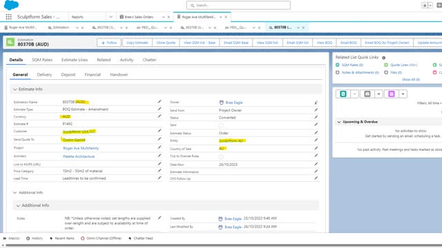 <p>On the AUD quote, these are the fields on the details page set up. The revision of the quote is the same, we just need to note (AUD) after the estimation name. Also check that the delivery details are all free freight to nearest port. This is what we sell to SFM UK/US/NZ.</p>