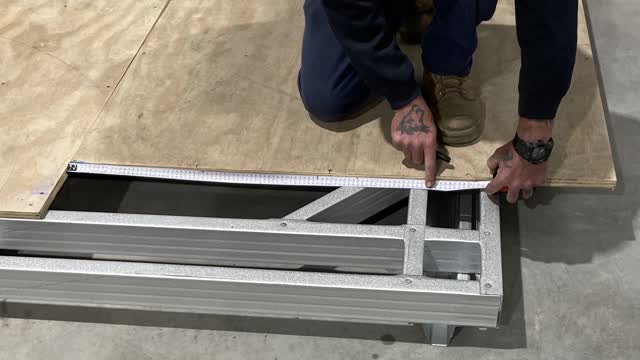 <p>For the last sheet of ply measure from the edge of the ply to the last point of the flooring which is 150 mm from the end of the frame. Cut and slit board to size. Fit and screw off.</p>
