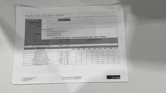 <p>QA Sheet. You will find a QA sheet at the machine, if there is no QA sheet there see the team leader or production. A QA sheet will need to be completed at the start, through out and at the end of the day.</p>
