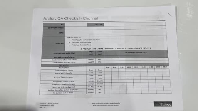 <p>QA Sheet. You will find a QA sheet at the machine, if there is no QA sheet there, see the team leader or production. A QA sheet will need to be completed at the start, throughout and, at the end of the day.</p>
