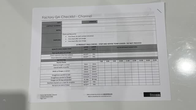 <p>QA Sheet. You will find a QA sheet at the machine, if there is no QA sheet there, see the team leader or production. A QA sheet will need to be completed at the start, throughout and, at the end of the day.</p>