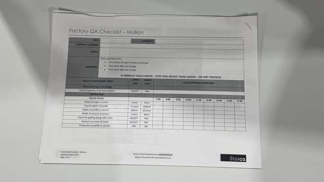 <p>QA Sheet. You will find a QA sheet at the machine, if there is no QA sheet there, see the team leader or production. A QA sheet will need to be completed at the start, throughout and, at the end of the day.</p>