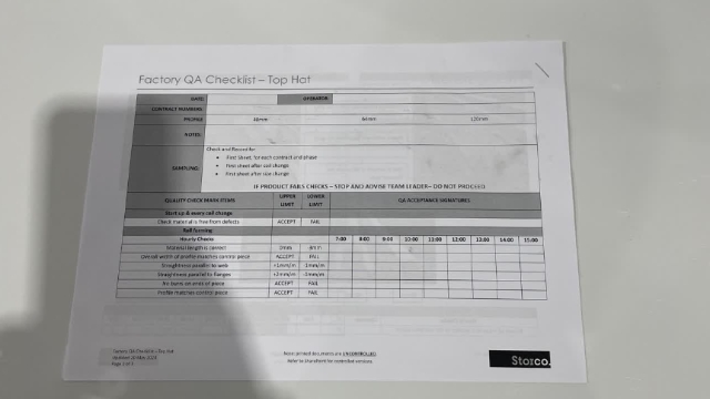 <p>QA Sheet. You will find a QA sheet at the machine, if there is no QA sheet there, see the team leader or production. A QA sheet will need to be completed at the start, throughout and, at the end of the day.</p>