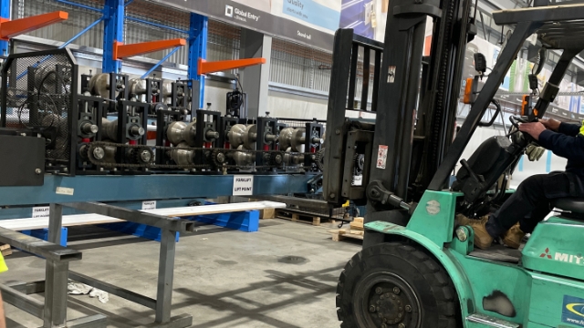 <p>Using a forklift, bring down the size cassette you need, <strong>make sure the tines are within the forklift lift points.</strong></p>