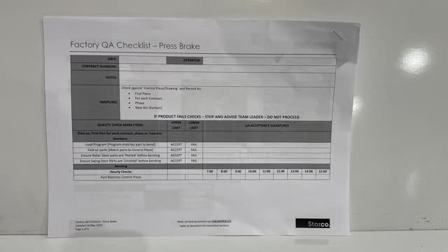 <p>QA Sheet. You will find a QA sheet at the machine, if there is no QA sheet there, see the team leader or production. A QA sheet will need to be completed at the start, throughout and, at the end of the day.</p>