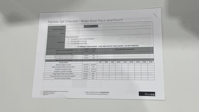 <p>QA Sheet. You will find a QA sheet at the machine, if there is no QA sheet there, see the team leader or production. A QA sheet will need to be completed at the start, throughout and, at the end of the day.</p>