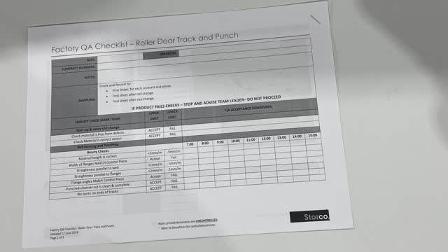 <p>QA Sheet. You will find a QA sheet at the machine, if there is no QA sheet there, see the team leader or production. A QA sheet will need to be completed at the start, throughout and, at the end of the day.</p>