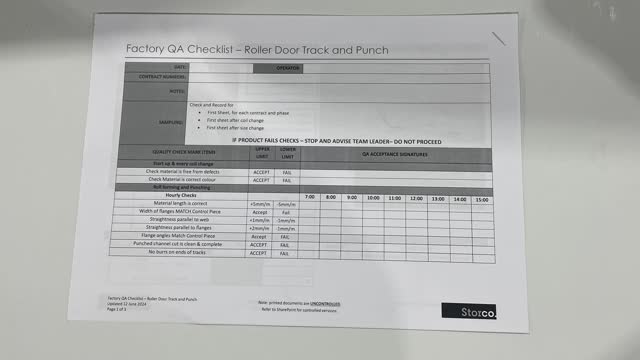 <p>QA Sheet. You will find a QA sheet at the machine, if there is no QA sheet there, see the team leader or production. A QA sheet will need to be completed at the start, throughout and, at the end of the day.</p>