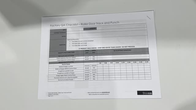<p>QA Sheet. You will find a QA sheet at the machine, if there is no QA sheet there, see the team leader or production. A QA sheet will need to be completed at the start, throughout and, at the end of the day.</p>