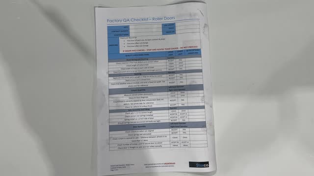 <p>QA Sheet. You will find a QA sheet at the machine, if there is no QA sheet there, see the team leader or production. A QA sheet will need to be completed at the start, throughout and, at the end of the day.</p>