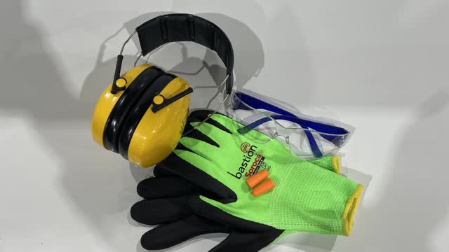 <p>Personal Protective Equipment (PPE). Gloves, Safety Glasses and Hearing Protection. If you don’t already have a pair of gloves, safety glasses and hearing protection, please see the store person.</p>