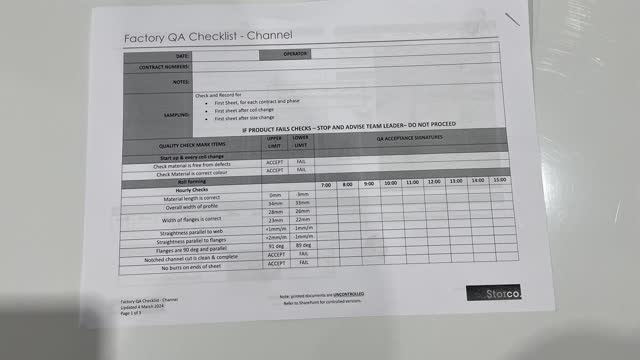 <p>QA Sheet. You will find a QA sheet at the machine, if there is no QA sheet there, see the team leader or production. A QA sheet will need to be completed at the start, throughout and, at the end of the day.</p>