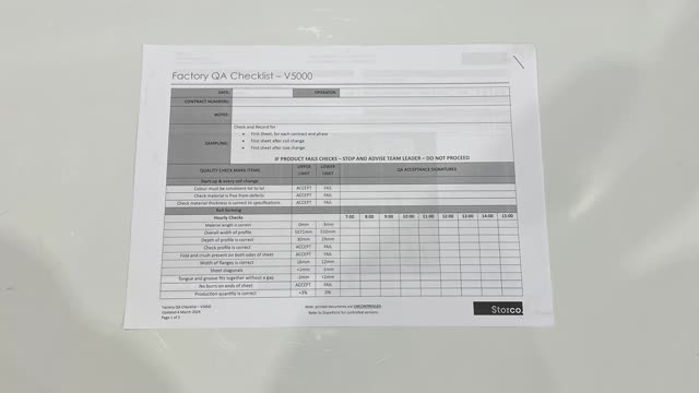 <p>QA Sheet. You will find a QA sheet at the machine, if there is no QA sheet there, see the team leader or production. A QA sheet will need to be completed at the start, throughout and, at the end of the day.</p>