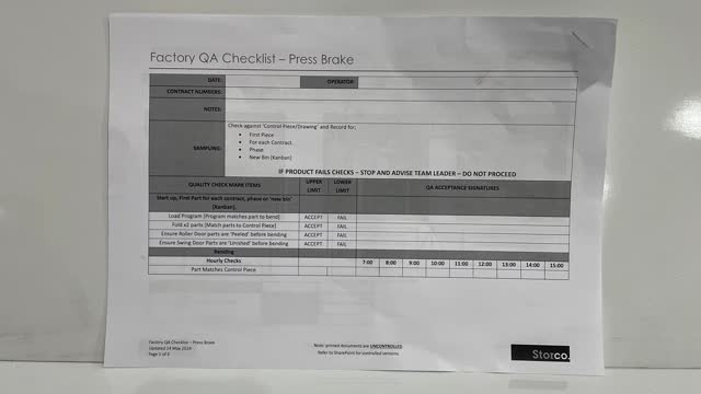 <p>QA Sheet. You will find a QA sheet at the machine, if there is no QA sheet there, see the team leader or production. A QA sheet will need to be completed at the start, throughout and, at the end of the day.</p>