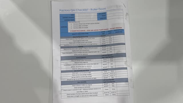 <p>QA Sheet. You will find a QA sheet at the machine, if there is no QA sheet there, see the team leader or production. A QA sheet will need to be completed at the start, throughout and, at the end of the day.</p>