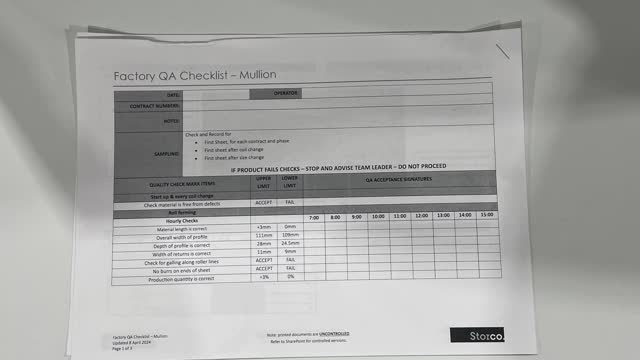 <p>QA Sheet. You will find a QA sheet at the machine, if there is no QA sheet there, see the team leader or production. A QA sheet will need to be completed at the start, throughout and, at the end of the day.</p>