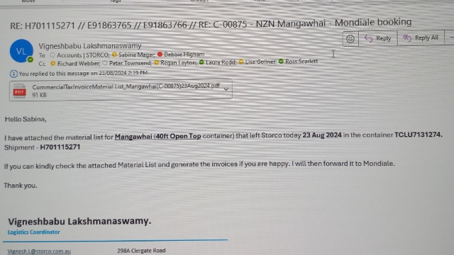 <p>Email the newly created Material List.pdf to Accounts Officer for 'Invoicing'.  Account Officer will reply with a copy of the Tax Invoice.</p>
