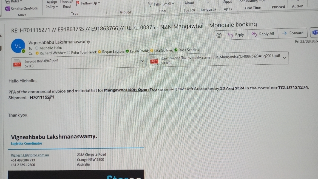 <p>Forward the Tax Invoice and Material List attachments to the Shipping Agent.</p>
