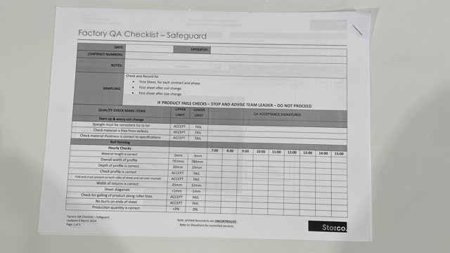 <p>QA Sheet. You will find a QA sheet at the machine, if there is no QA sheet there, see the team leader or production. A QA sheet will need to be completed at the start, throughout and, at the end of the day.</p>