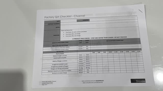 <p>QA Sheet. You will find a QA sheet at the machine, if there is no QA sheet there, see the team leader or production. A QA sheet will need to be completed at the start, throughout and, at the end of the day.</p>